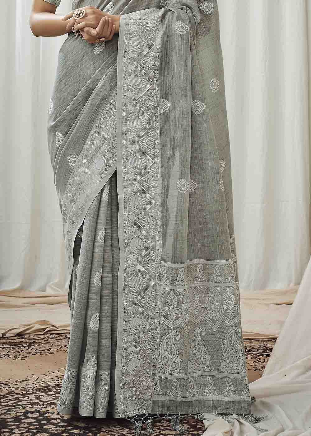 Bitter Grey Chikankari Linen Saree