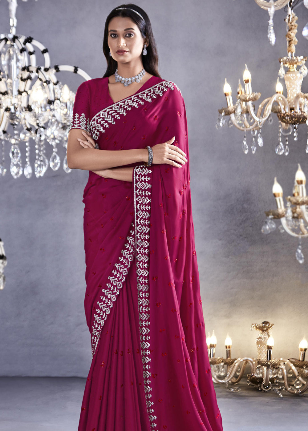 Hibiscus Pink Woven Embroidered Satin Silk Saree