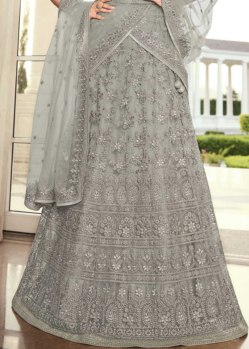 Dawn Grey Net Designer Lehenga With Heavy Embroidered Work