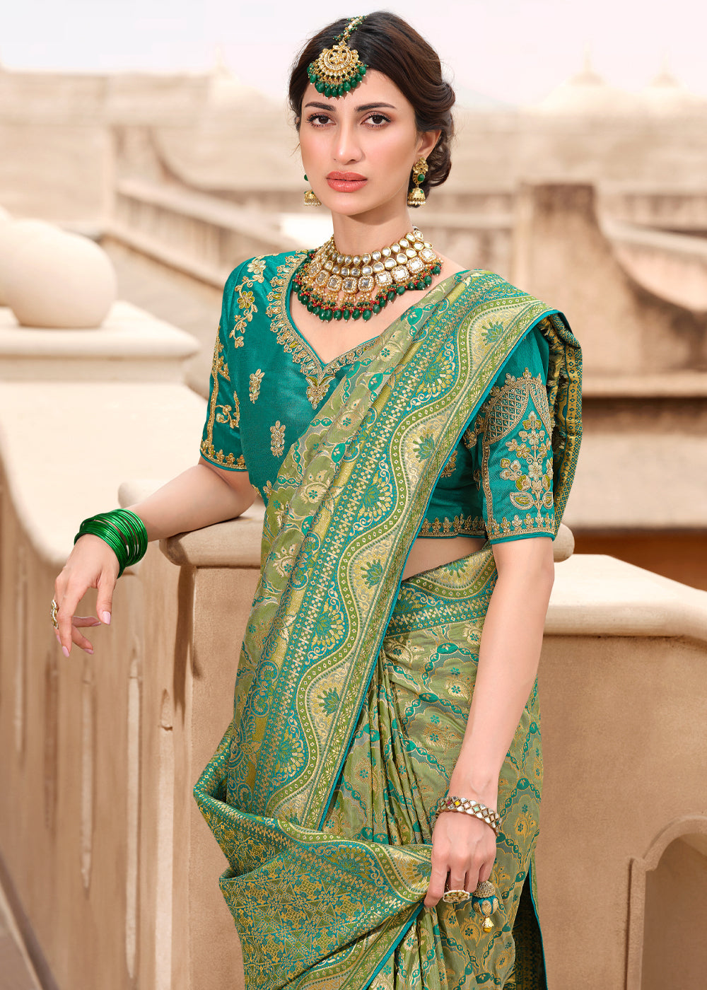 Sage Green Woven Designer Banarasi Silk Saree