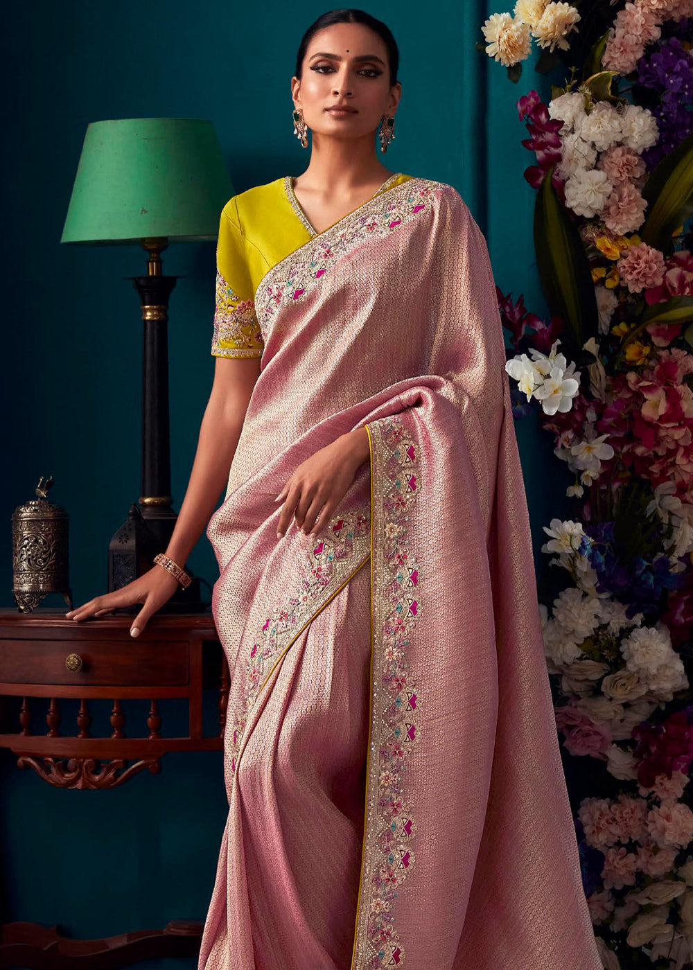 Desert Sand Pink Woven Embroidered Banarasi Silk Saree