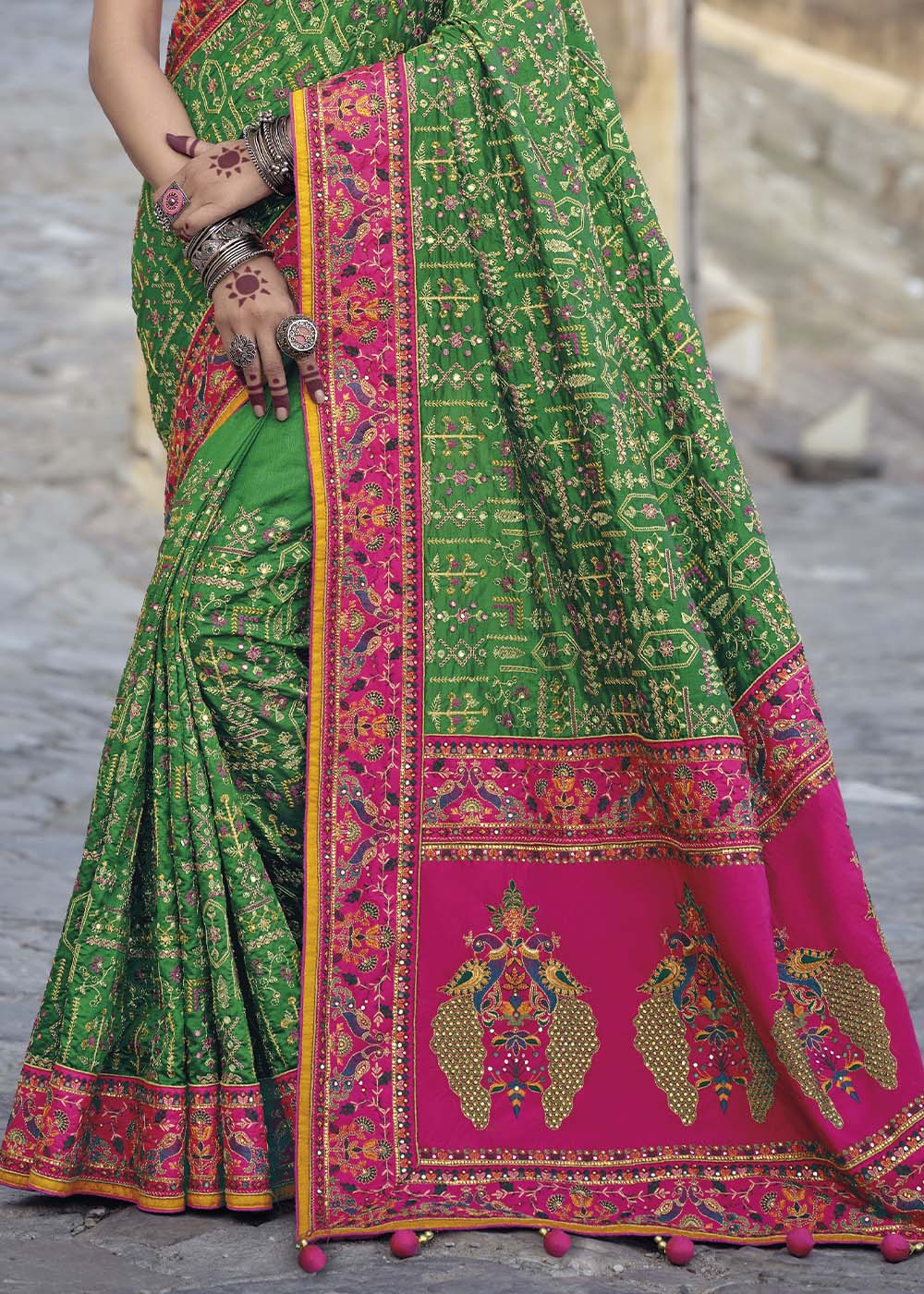 Forest Green and Pink Banarasi Saree with Kachhi,Mirror and Diamond Work