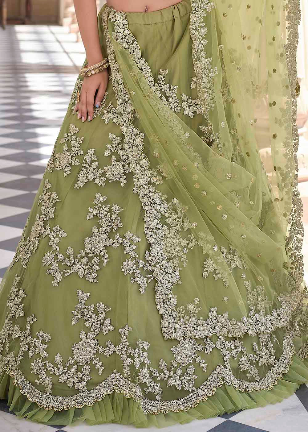 Gold Green Soft Net Designer Lehenga Choli With Dori & Sequins Work