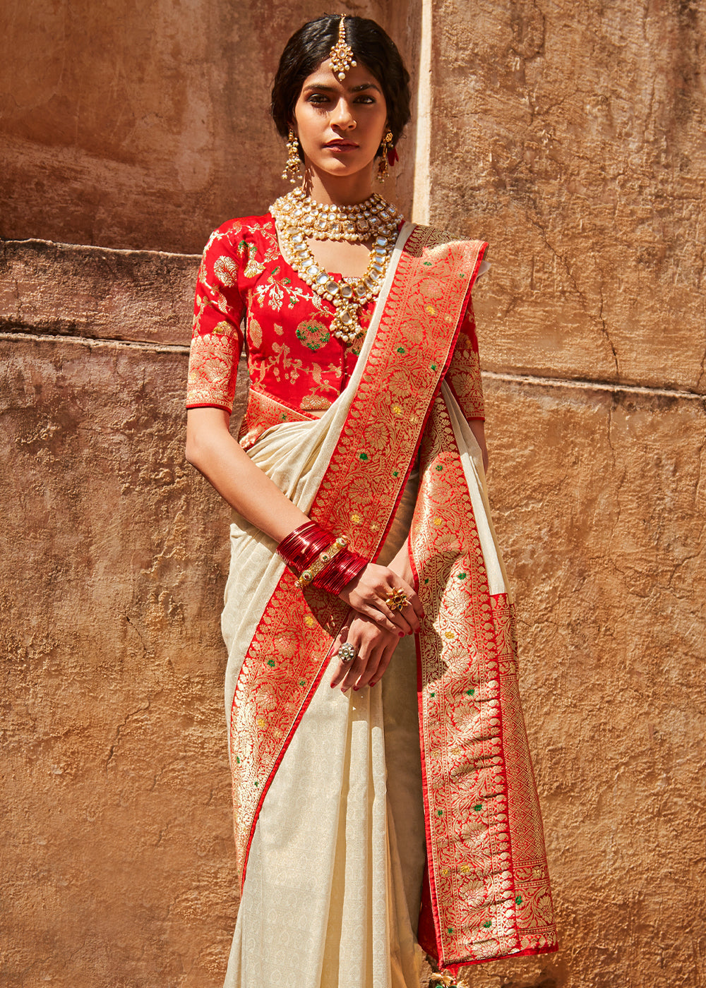 Grain Cream and Red Zari Woven Designer Banarasi Saree