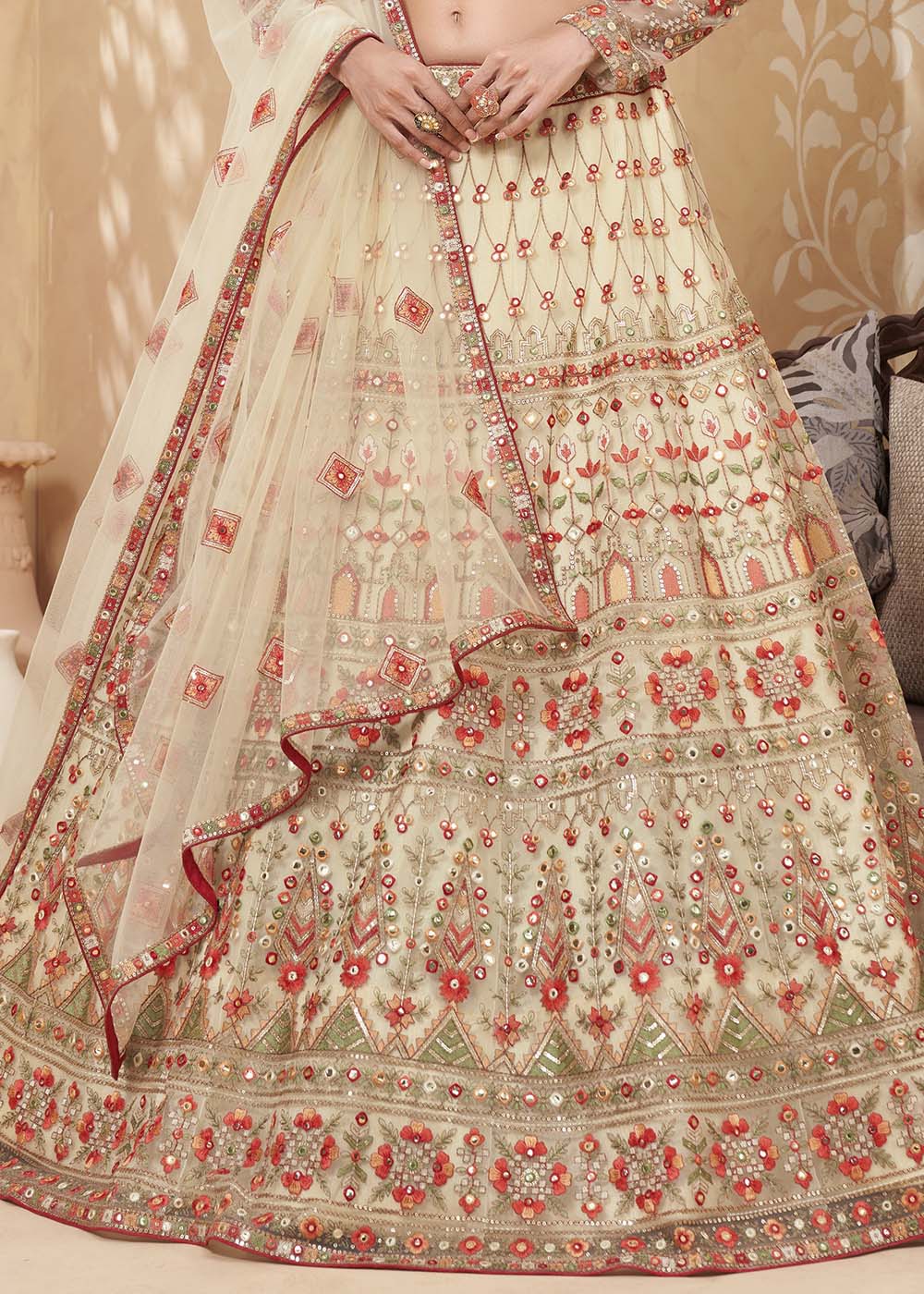 Mandys Light Yellow Designer Net Lehenga with Multi Thread Embroidery Work