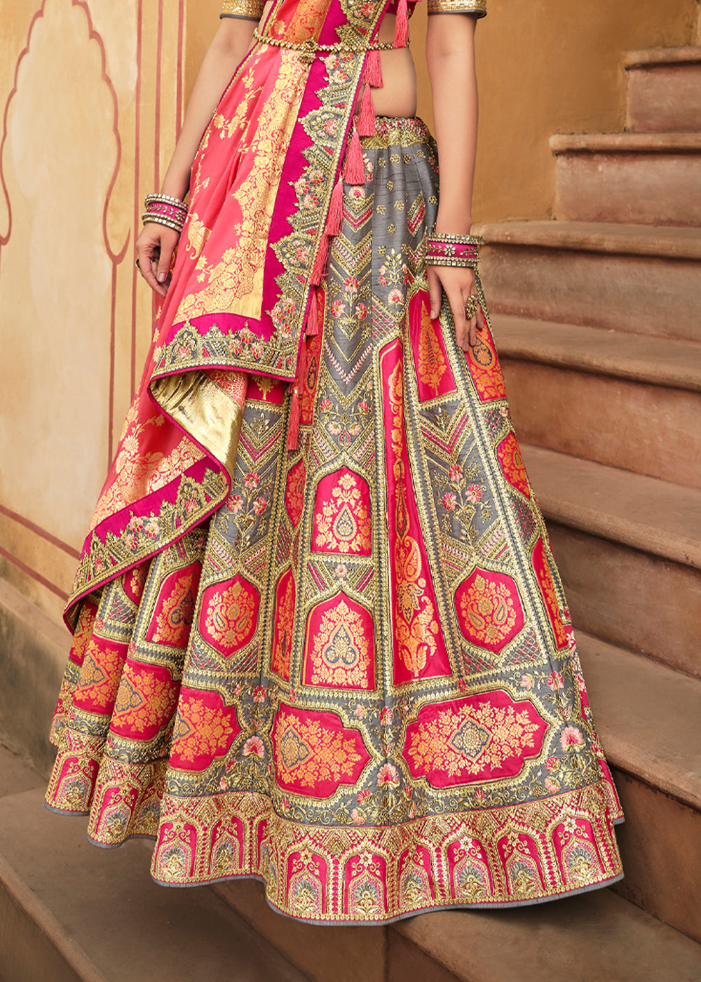 Salmon Pink and Grey Heavy Embroidered Lehenga