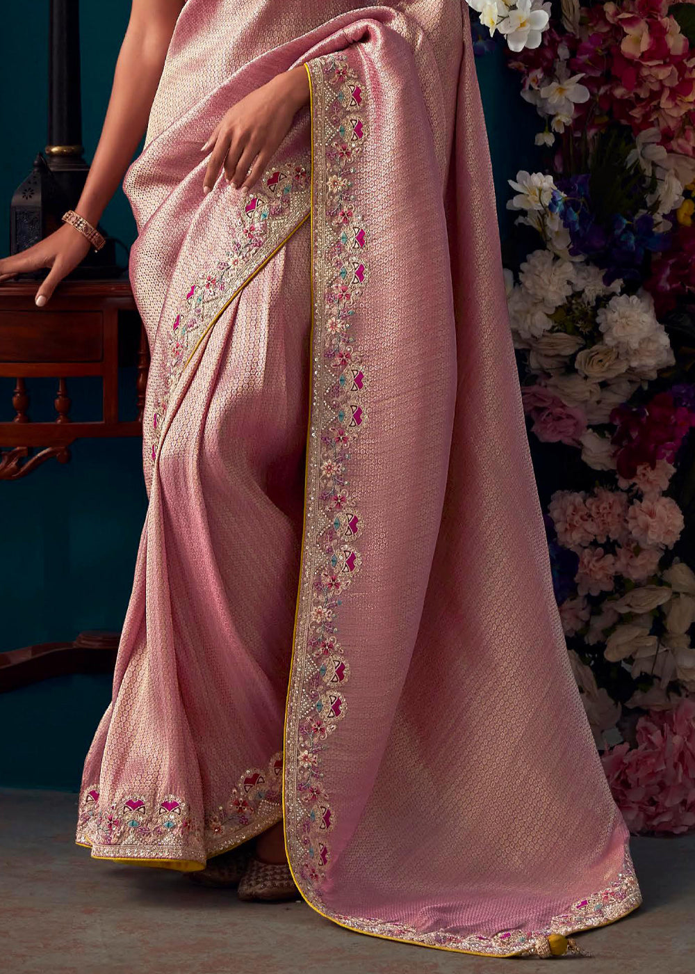 Desert Sand Pink Woven Embroidered Banarasi Silk Saree