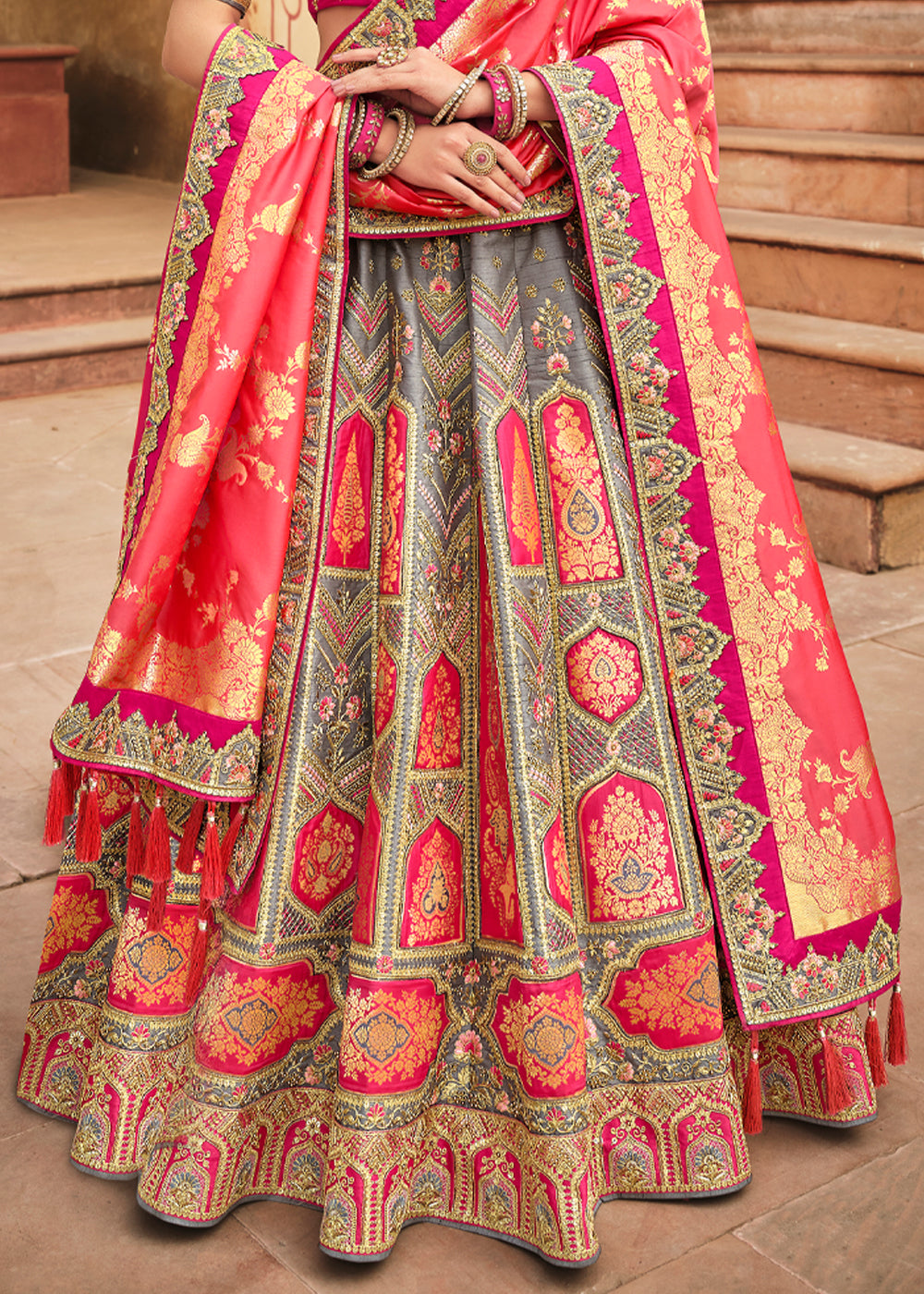 Salmon Pink and Grey Heavy Embroidered Lehenga