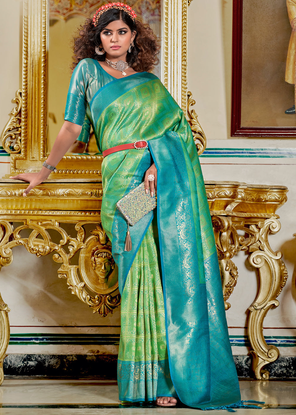 Aqua Forest Green and Blue Woven Banarasi Silk Saree