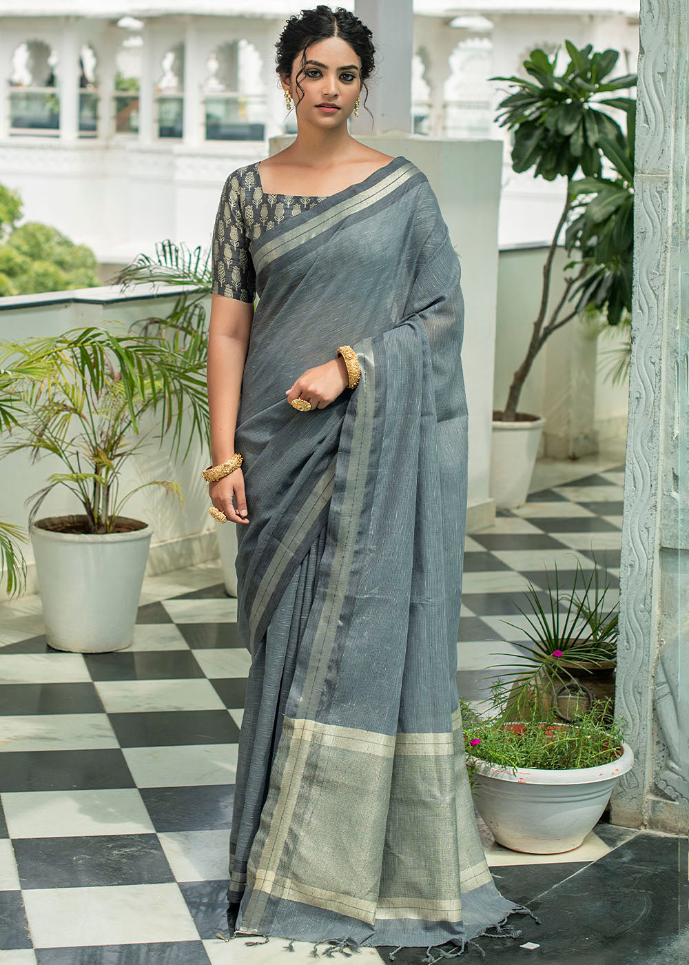 Sirocco Grey Zari Woven Linen Saree