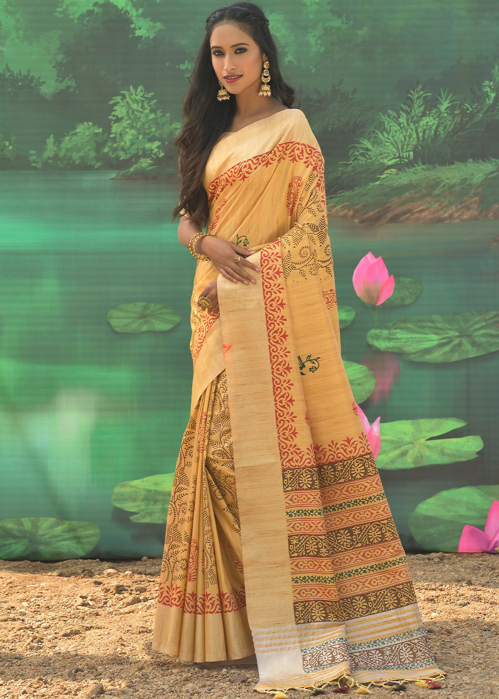 Portafino Yellow Cotton Silk Printed Saree