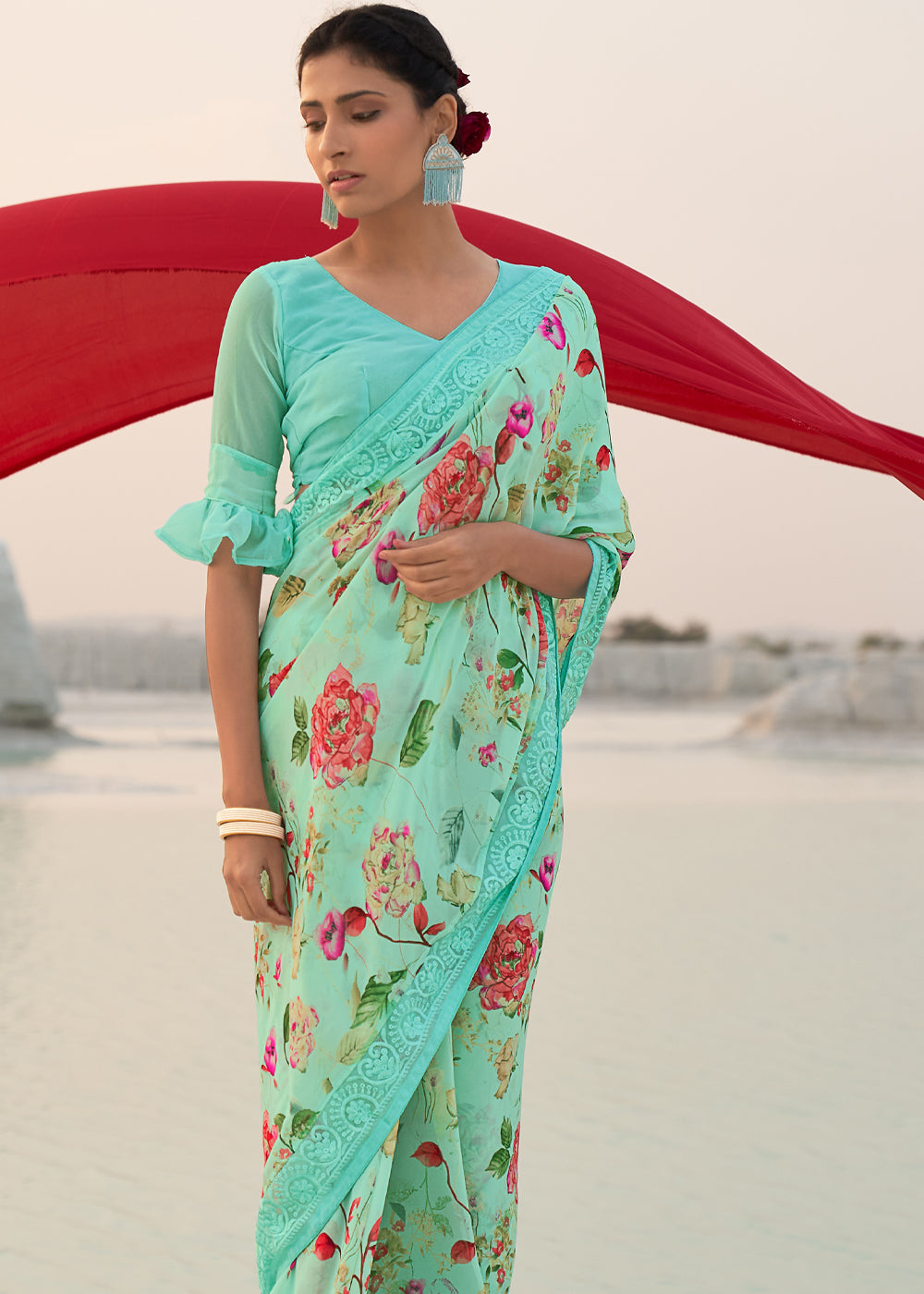 Spring Blue Digital Printed Chiffon Saree