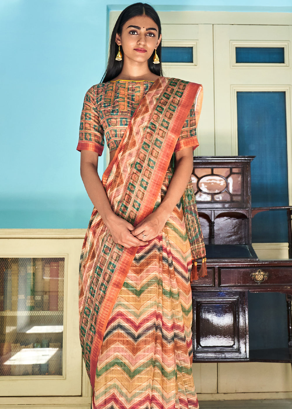 Half Peach Printed Linen Saree