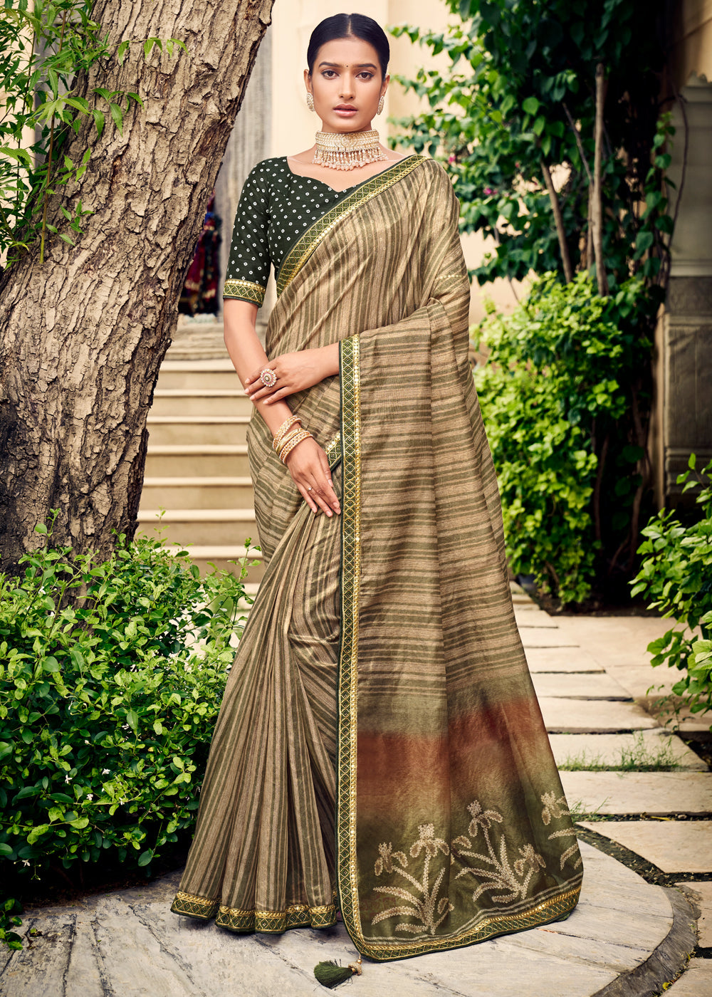 Asparagus Green Digital Printed Lehriya Silk Saree