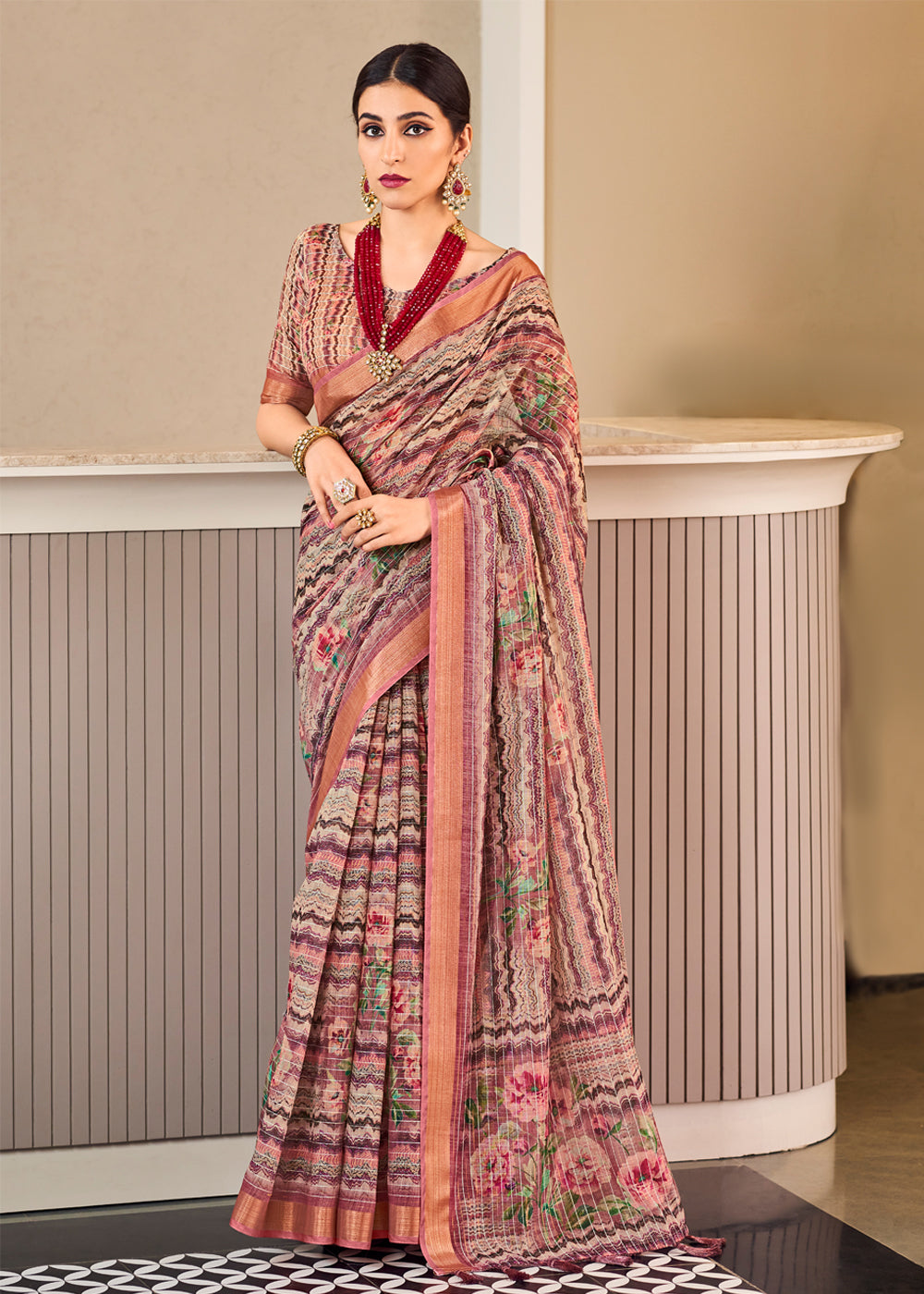 Quicksand Purple Linen Saree with Digital Print