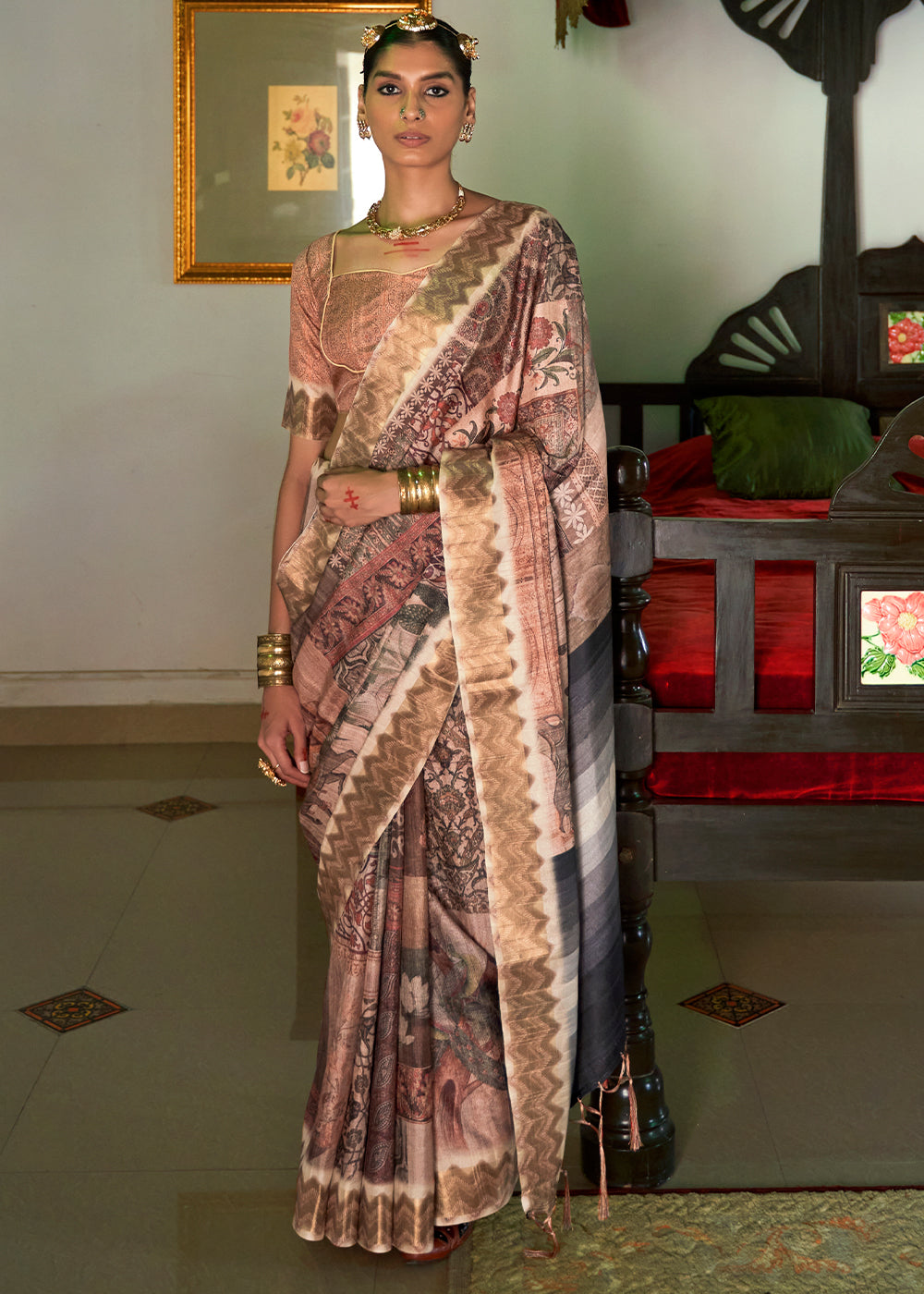 Copper Rust Multicolored Digital Printed Silk Saree