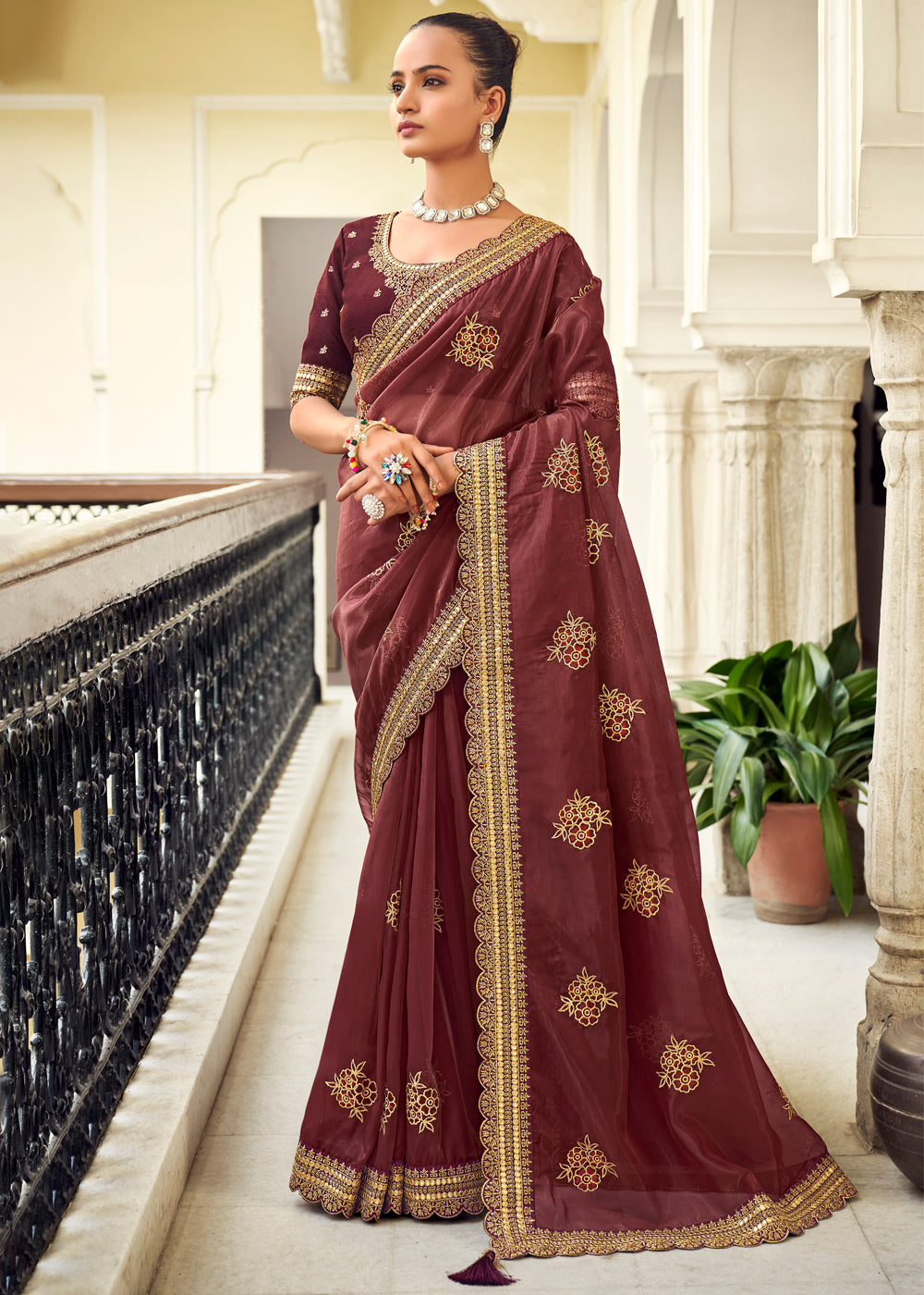 Metallic Maroon Woven Banarasi Georgette Silk Saree