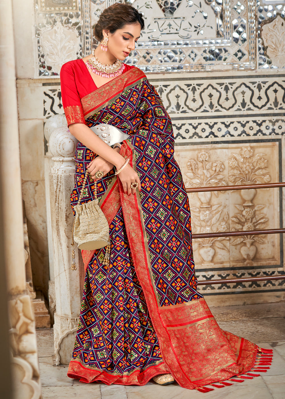 Ship Blue and Red Zari Woven Patola Saree