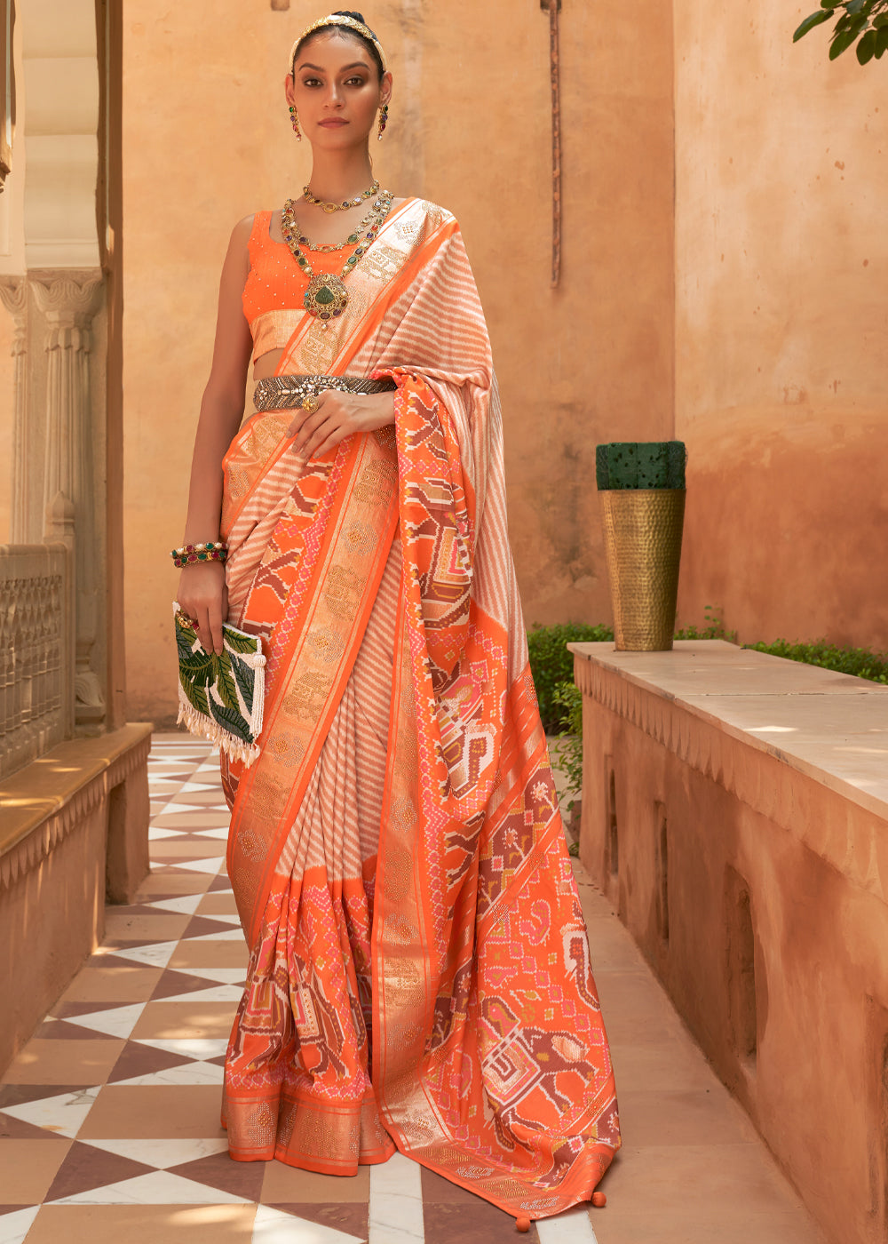 Mandarin Orange Patola Silk Saree