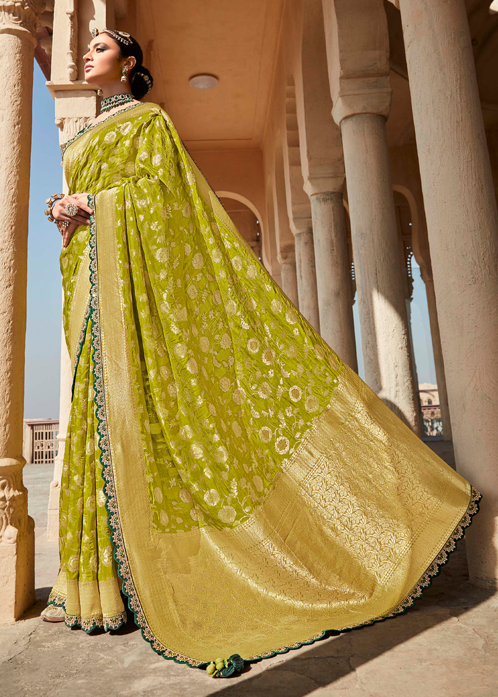 Reef Gold Green Zari Woven Designer Banarasi Saree