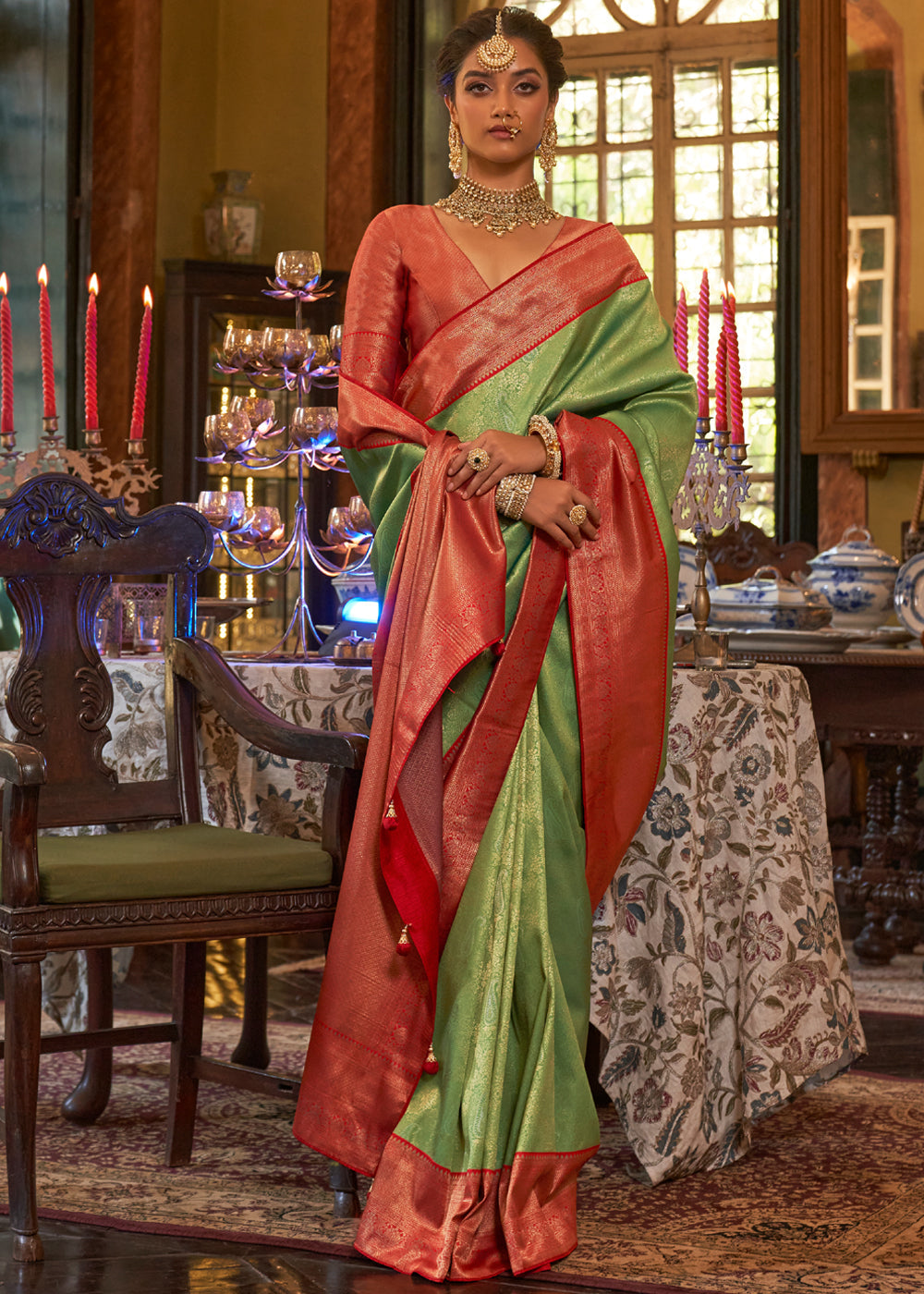 Asparagus Green and Red Woven Kanjivaram Saree