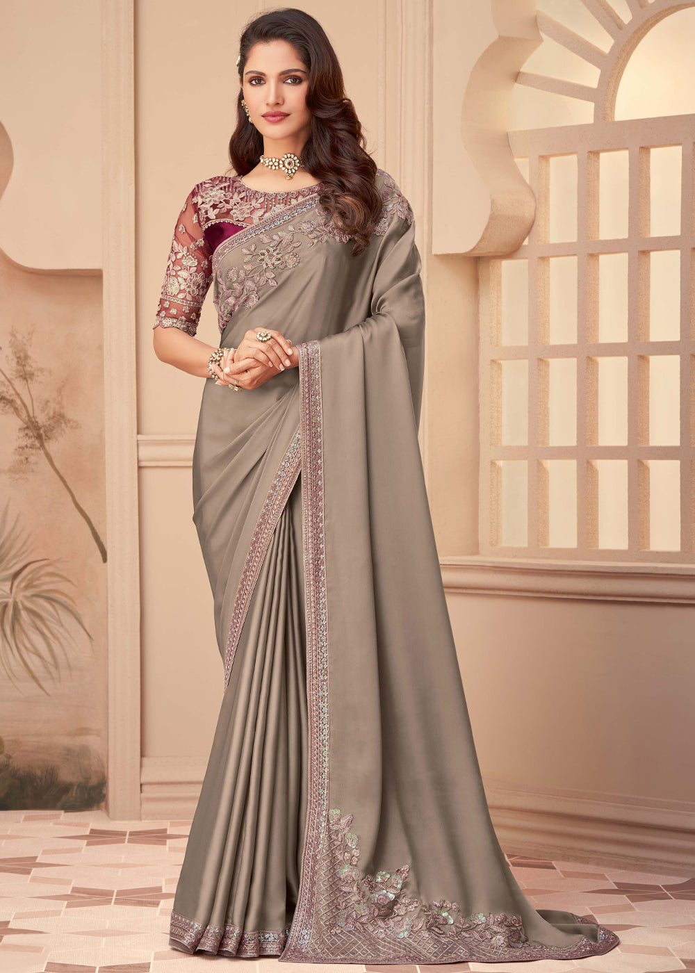 Quicksand Grey Georgette Designer Saree with Embroidered Blouse