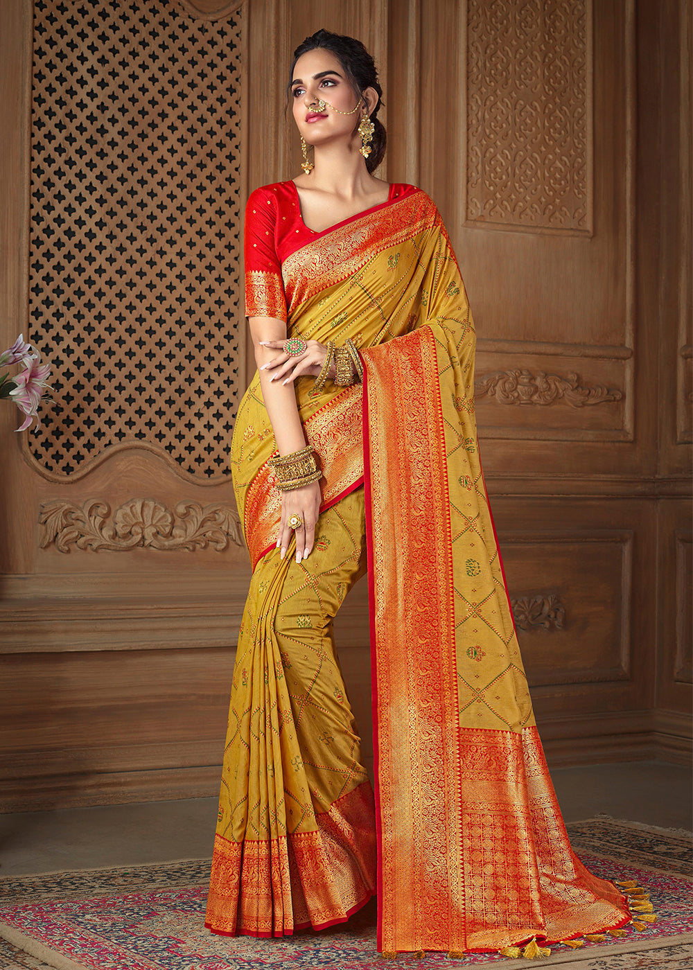 Saffron Yellow and Red Zari Woven Banarasi Saree