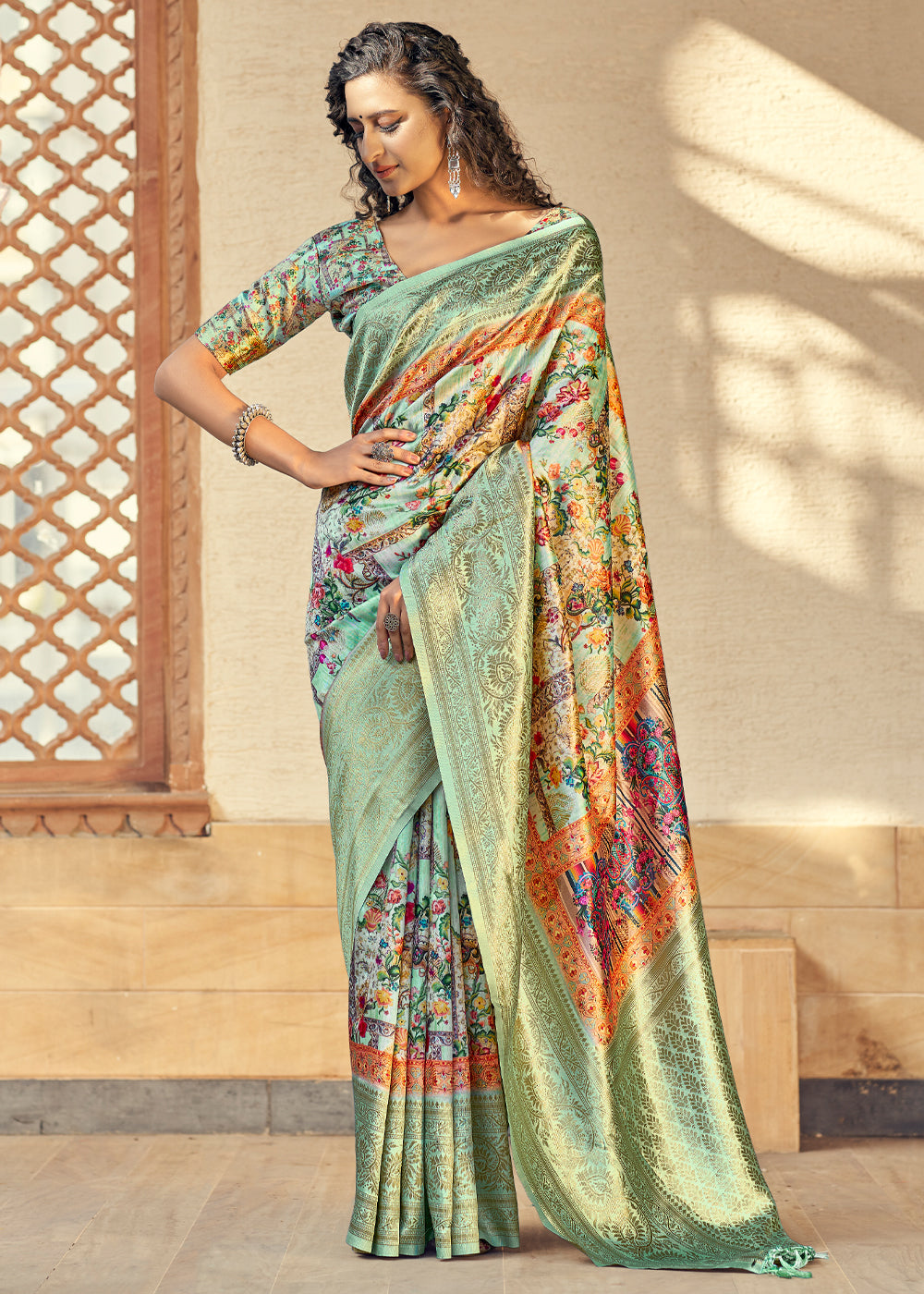 Green Mist Digital Printed Jacquard Silk Saree