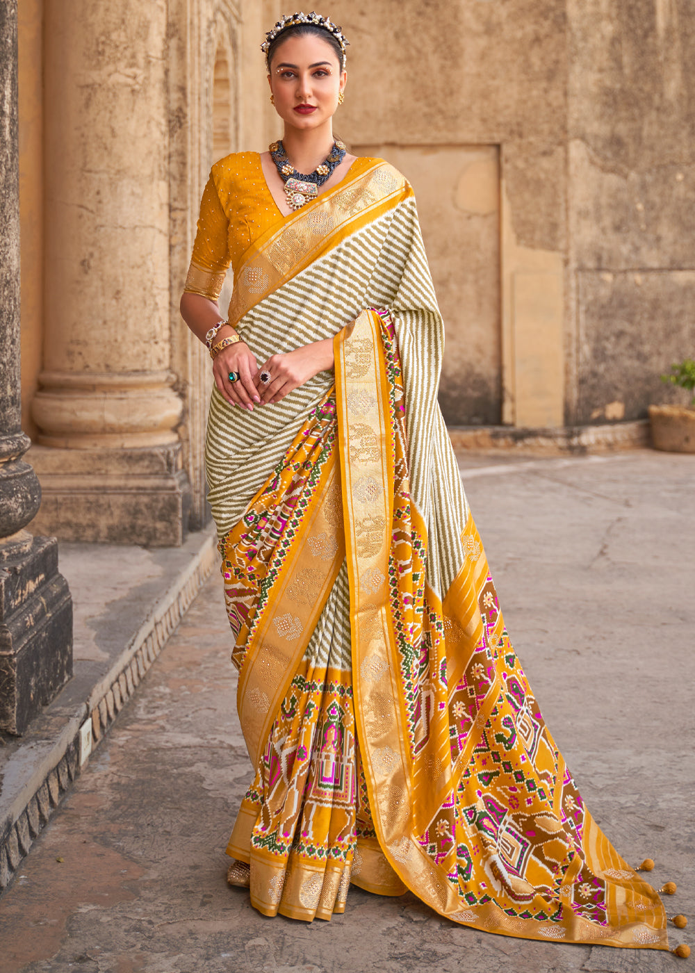 Bush White and Yellow Zari Woven Patola Saree