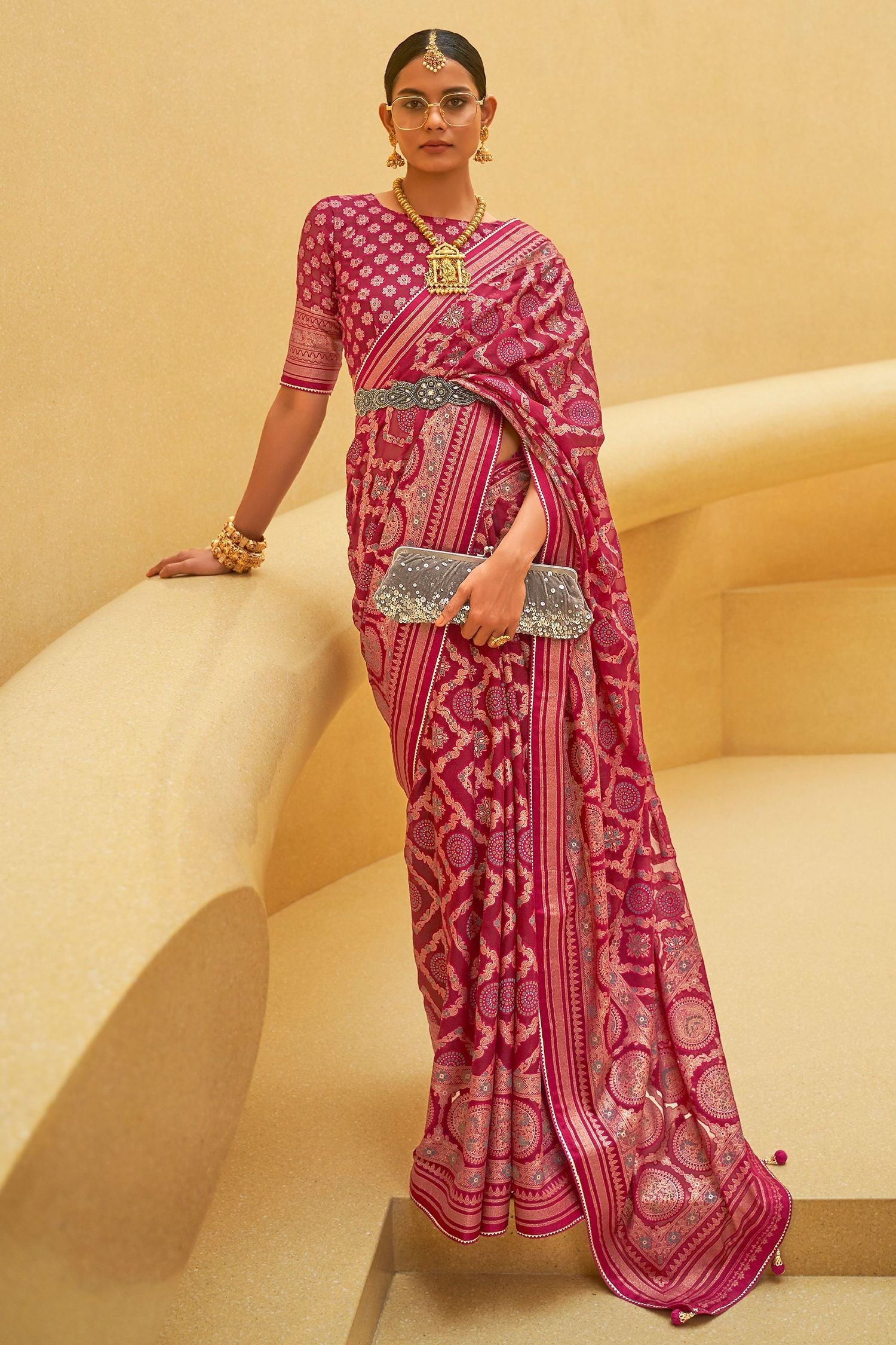 Blush Pink Zari Woven Brasso Organza Saree