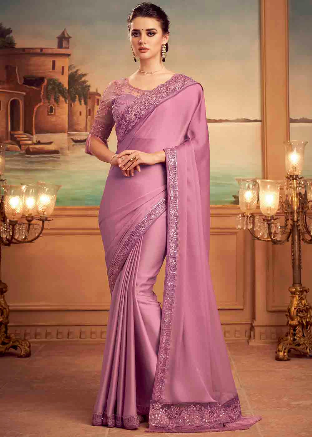 Charm Pink Embroidered Satin Silk Designer Saree