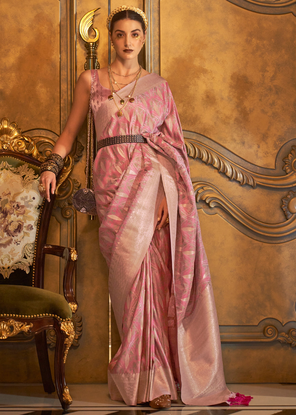 Tumbleweed Pink Banarasi Satin Silk Saree