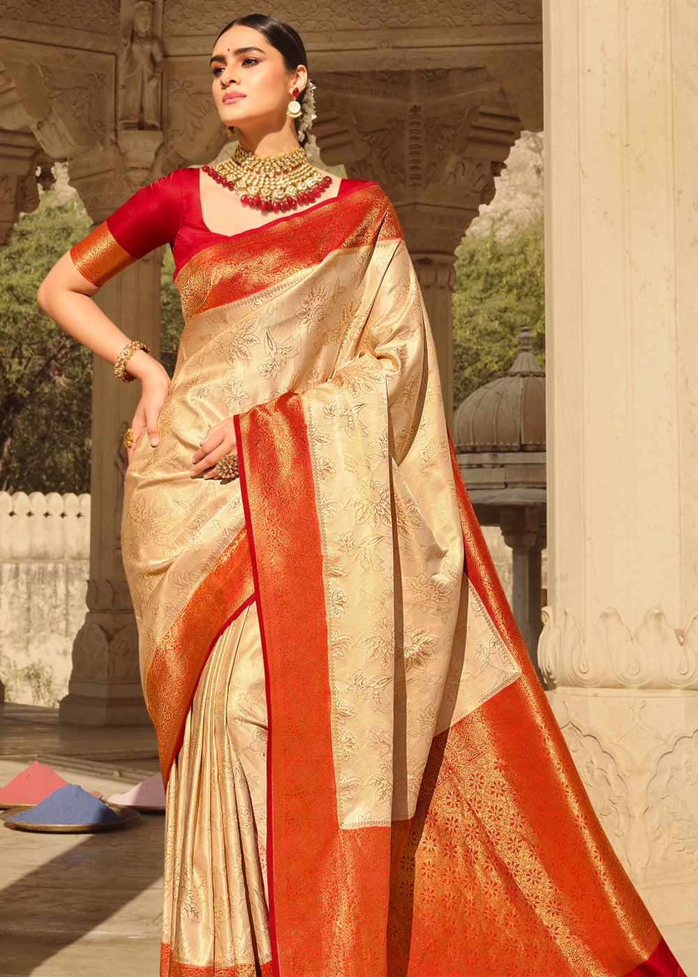 Harvest Beige and Red Zari Woven Kanjivaram Saree