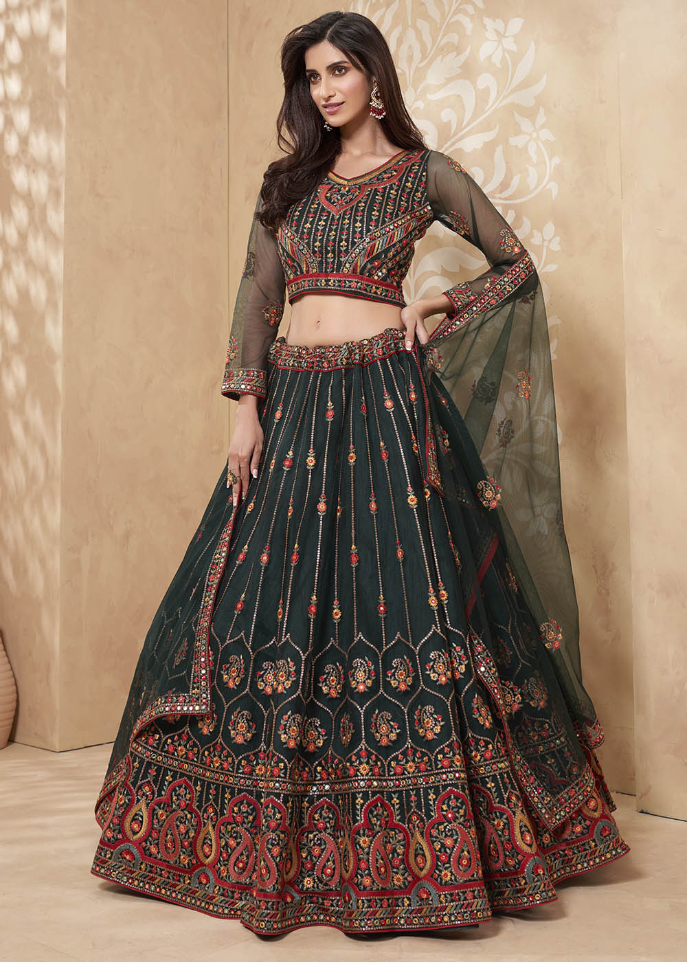 Leather Green Designer Net Lehenga with Multi Thread Embroidery Work