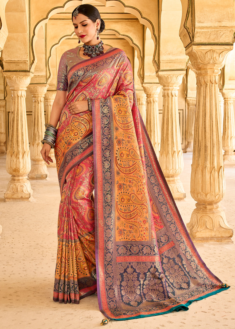 Sandy Yellow and Pink Designer Banarasi Saree