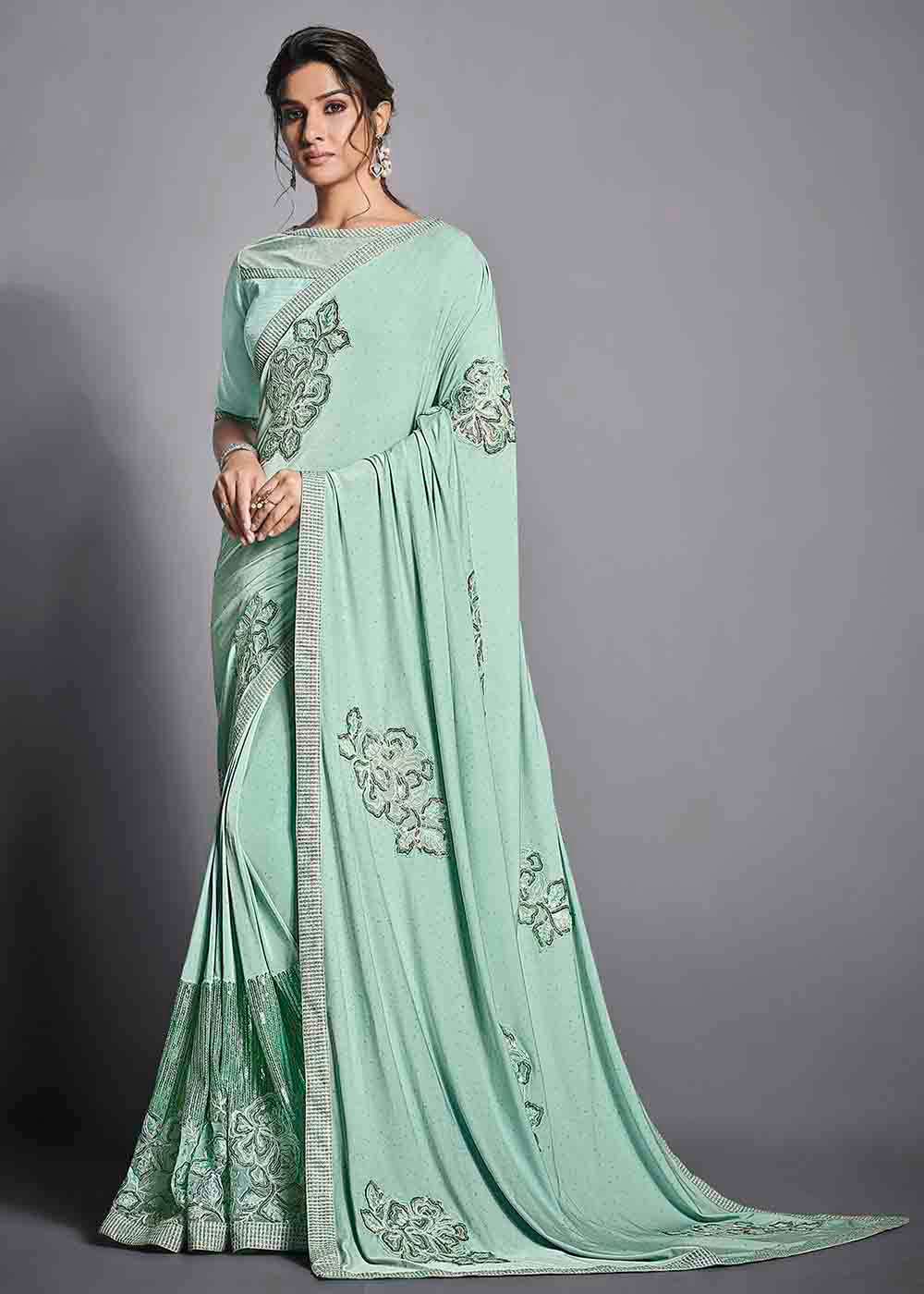 Surf Green Designer Lycra Saree with Embroidery Work