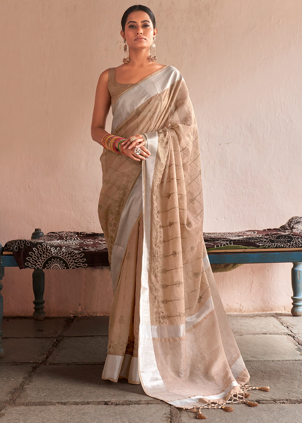 Tan Brown Floral Embroidered Linen Saree