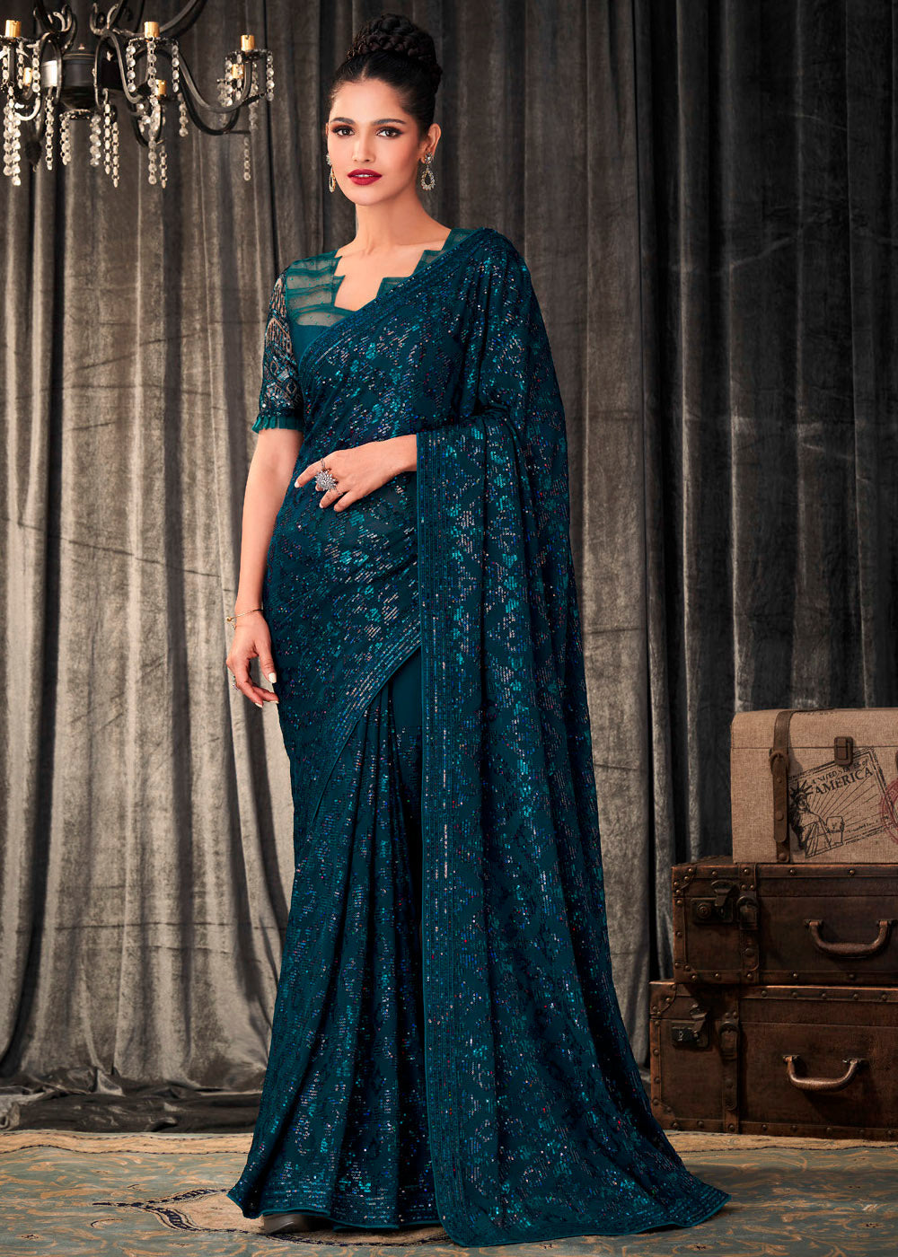 Tiber Blue Sequins Embroidered Designer Georgette Saree