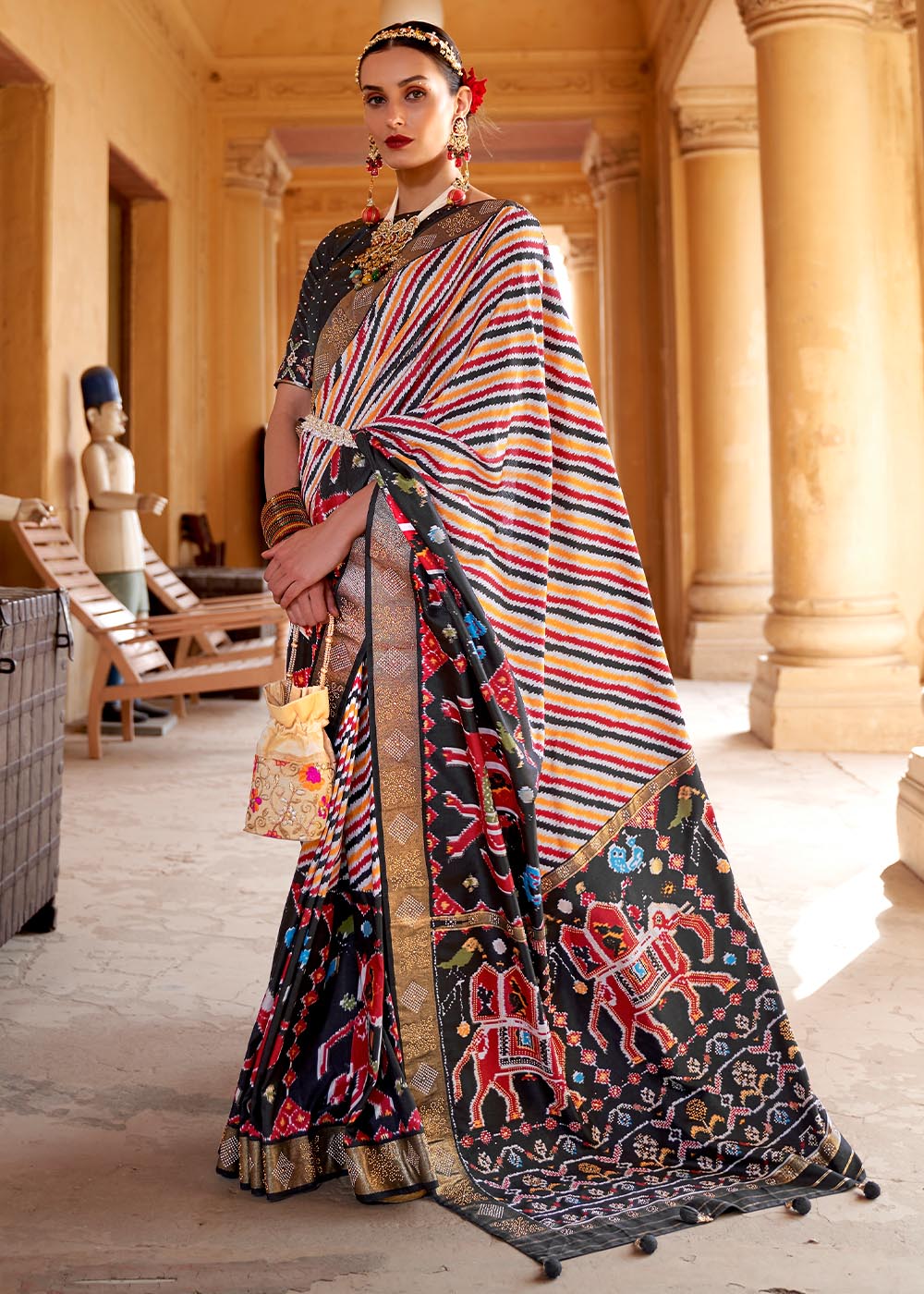 Granite Black Multicolor Printed Patola Saree