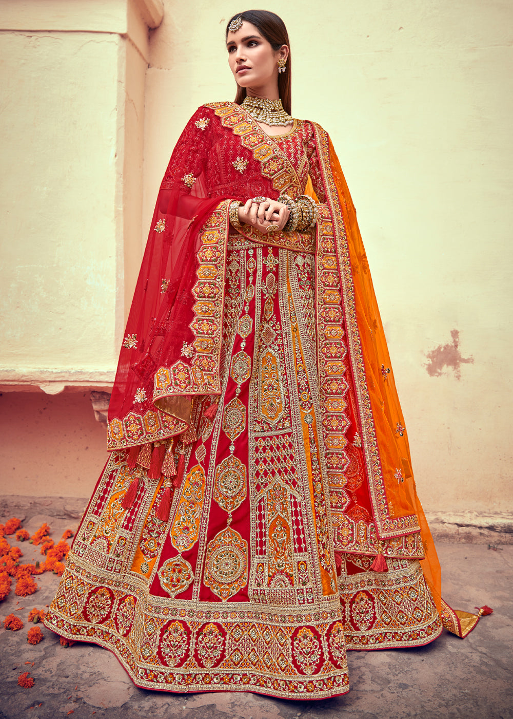 Roof Red and Orange Heavy Embroidered Designer Lehenga