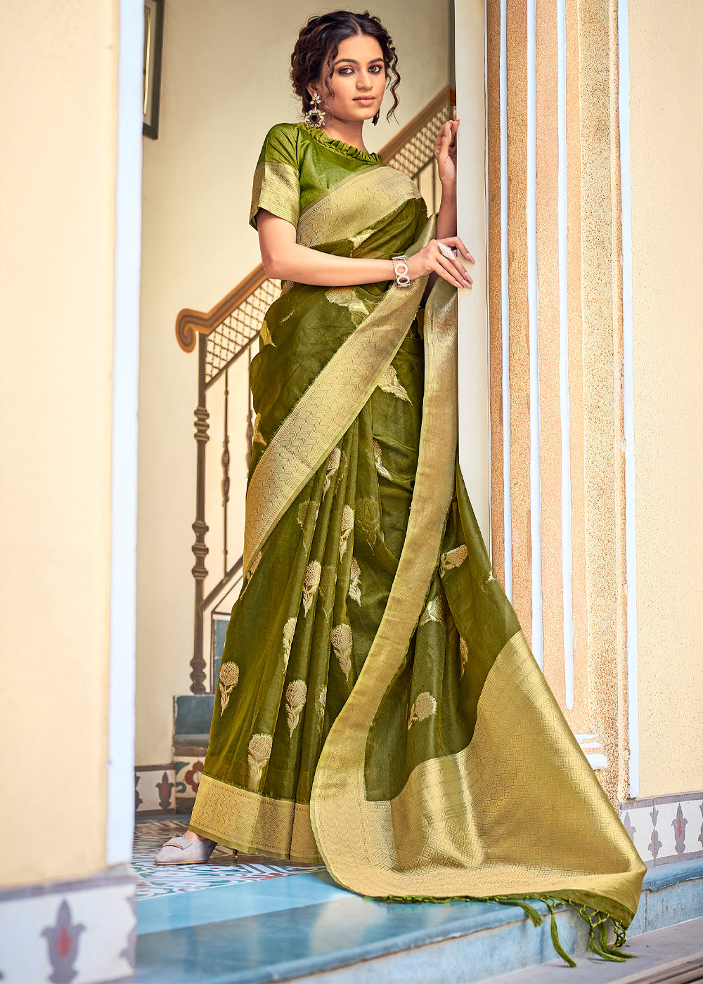 Mustard Green Zari Woven Banarasi Organza Saree