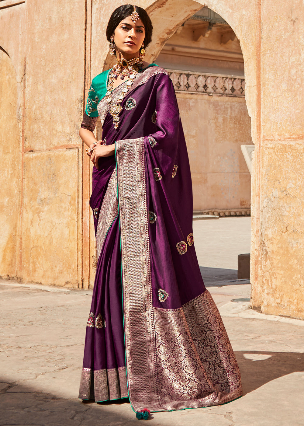 Livid Purple and Green Zari Woven Designer Banarasi Saree