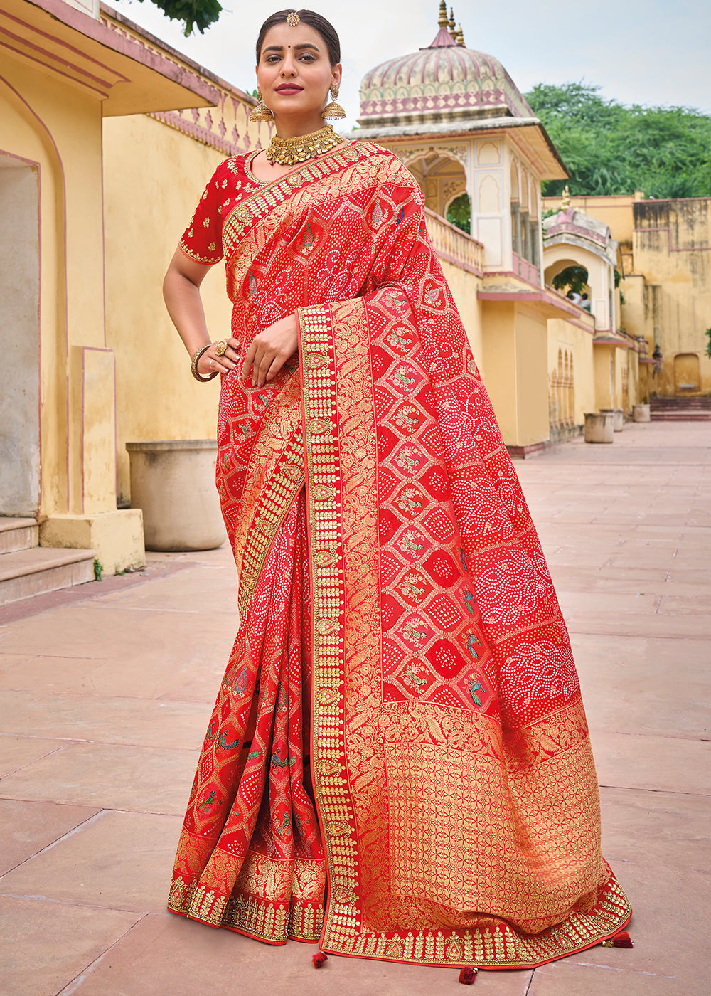 Mandy Red Embroidered Dola Silk Saree