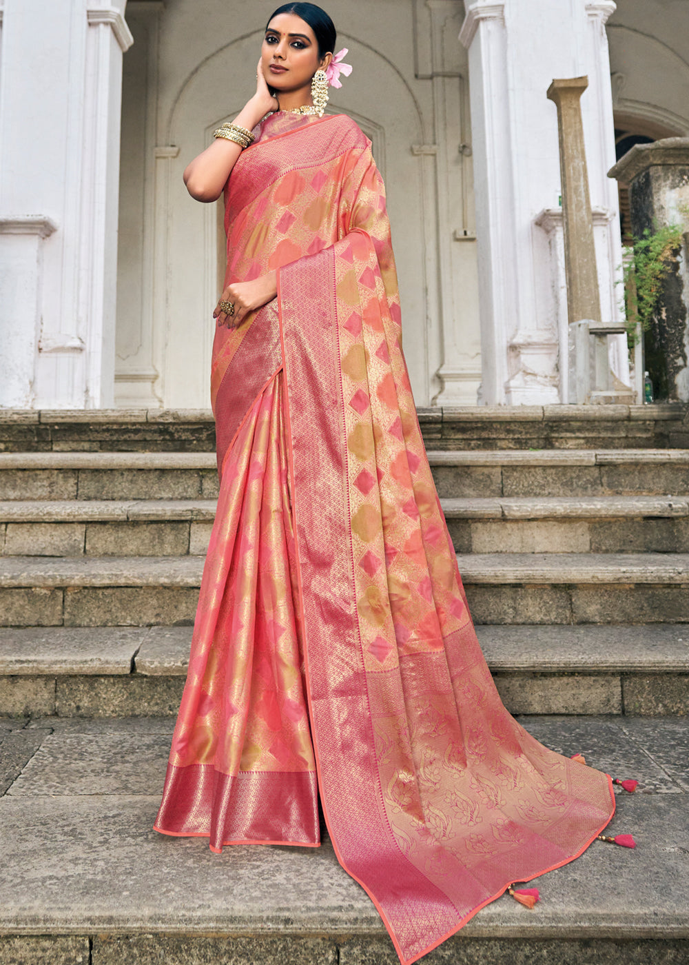 Romantic Peach Woven Organza Banarasi Silk Saree