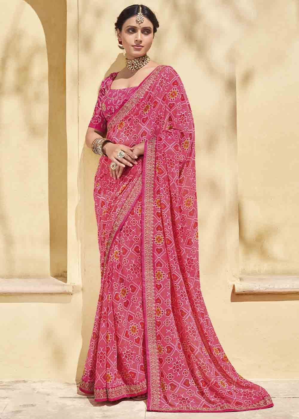 Contessa Pink Patola Print Georgette Saree With Embroidered Blouse