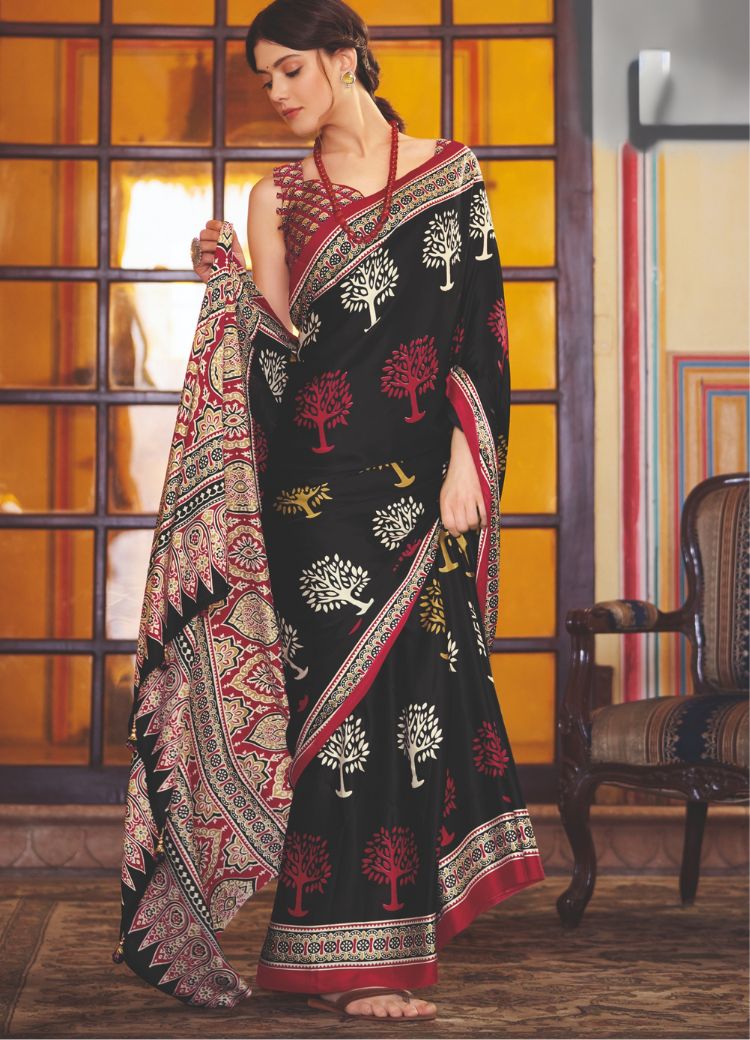 Shark Black and Red Ajrakh Printed Satin Crepe Saree