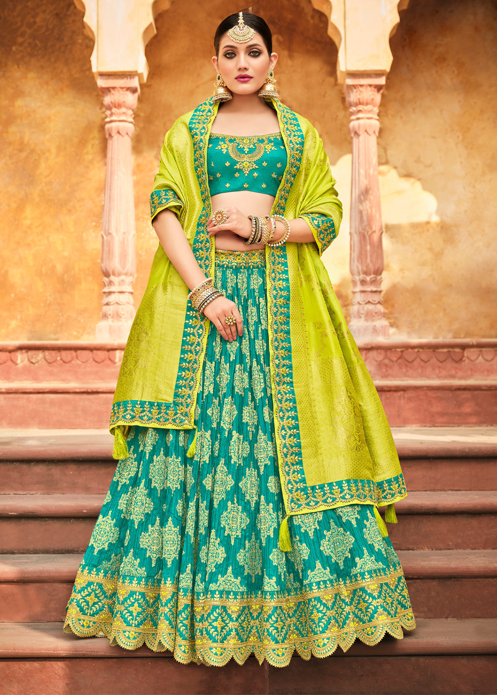 Silver Tree Green and Yellow Heavy Embroidered Lehenga