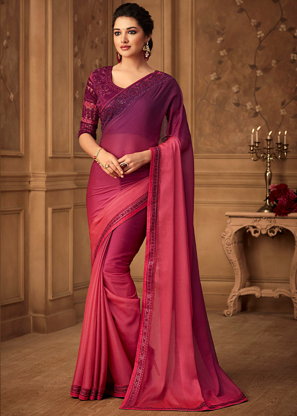 Night Shadz Pink and Purple Embroidered Chiffon Designer Saree