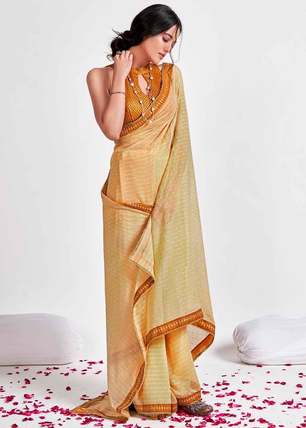 Tan Yellow Printed Georgette Saree