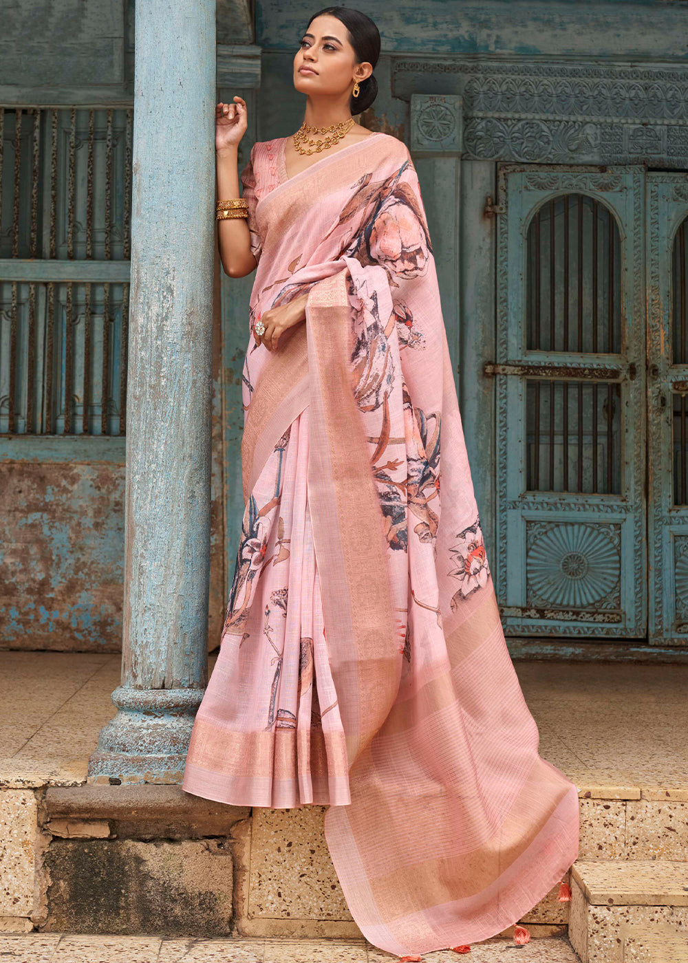 Beauty Bush Pink Floral Printed Linen Silk Saree